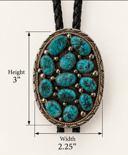 Native American Sterling Silver Turquoise Cluster Bolo Tie – Signed DN