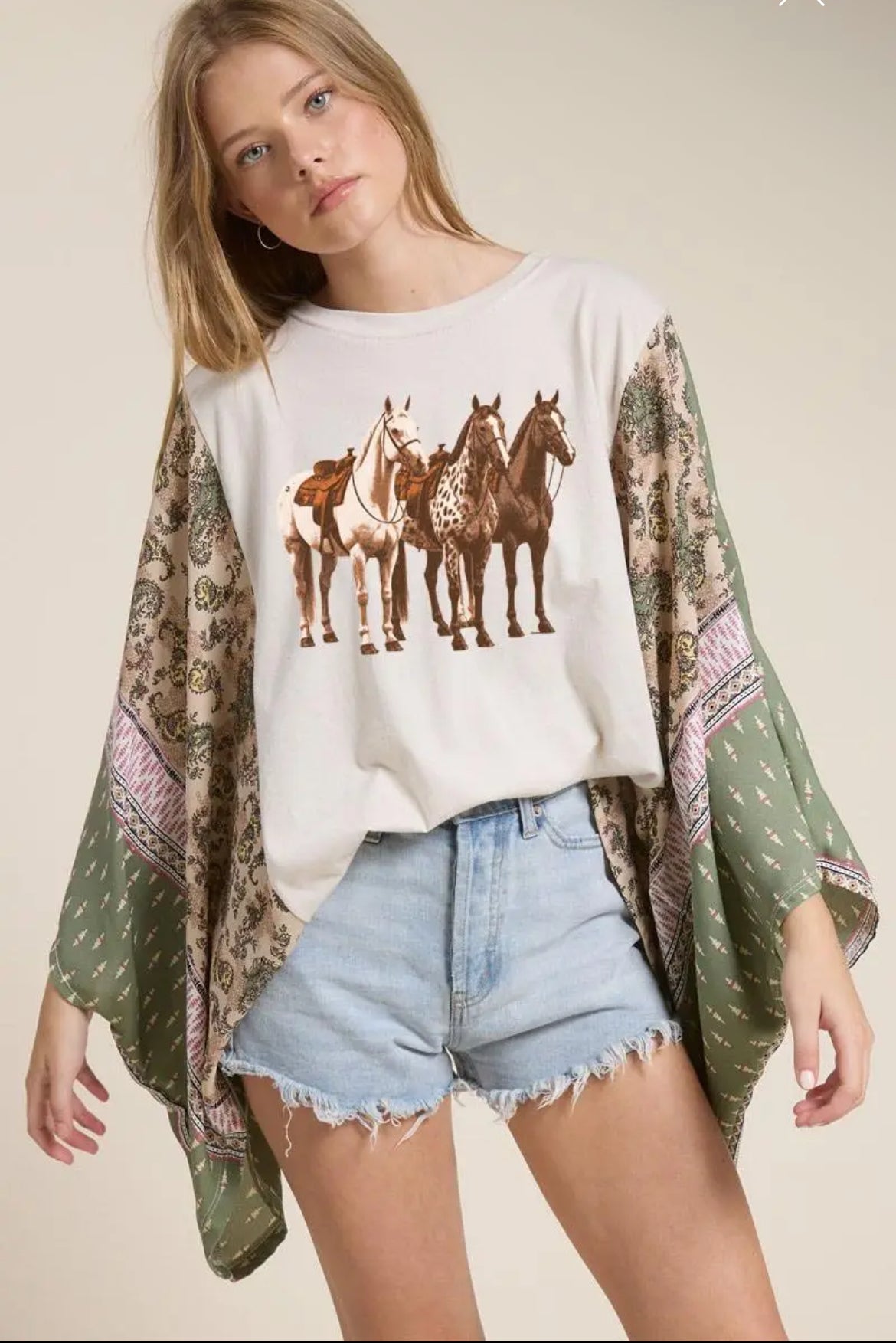 Women’s Western Horse Graphic Tee with Sage Kimono Sleeves Last Rodeo Western Wear & Hat Bar