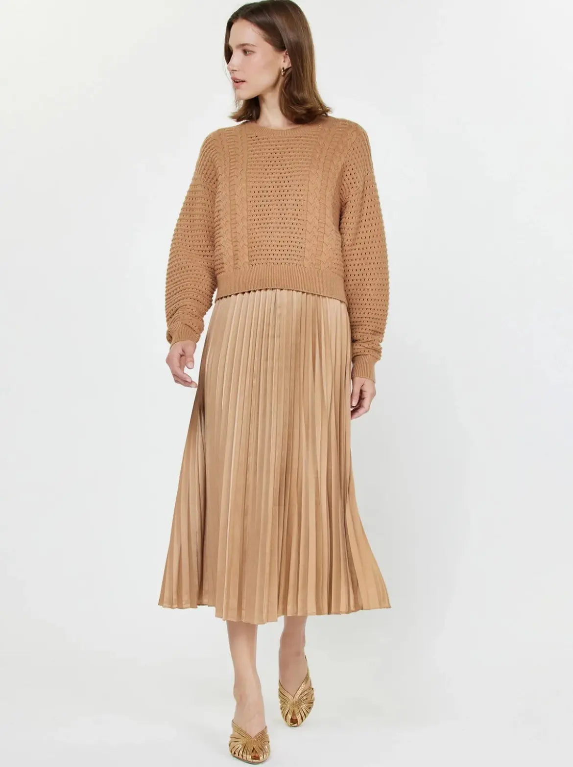 Camel Knit & Pleated Midi Dress Last Rodeo Western Wear & Hat Bar