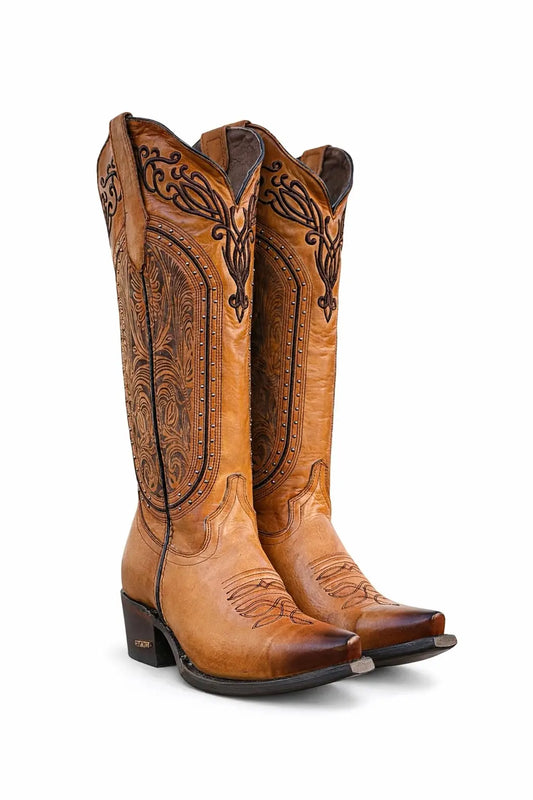 Women’s Cognac Snip Toe Western Cowboy Boots – 16” Tall Embroidered Leather