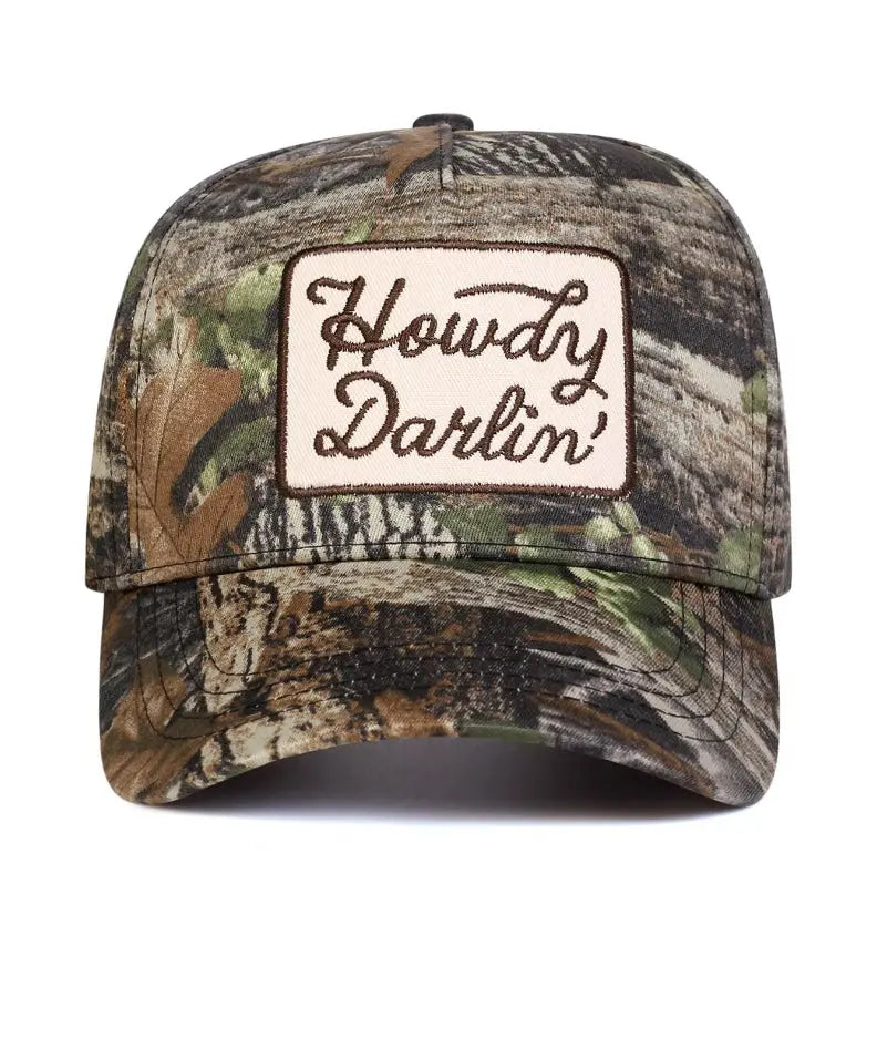 Howdy Darlin’ Western Trucker Hat – Embroidered Cowgirl Cap with Camo & Leopard Brim Last Rodeo Western Wear & Hat Bar