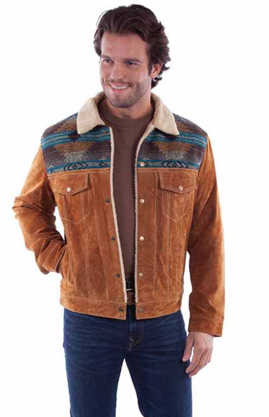 Men’s Cafe Brown Shearling Collar Suede Leather Western Jacket