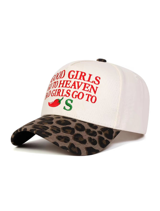 Good Girls Go to Heaven Trucker Hat – Western Cowgirl Graphic Cap, Cream Leopard Brim Hat