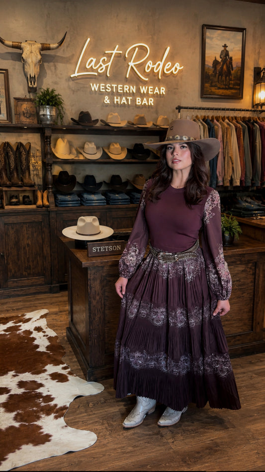 Burgundy Floral Pleated Maxi Dress – Elegant Western Style Last Rodeo Western Wear & Hat Bar
