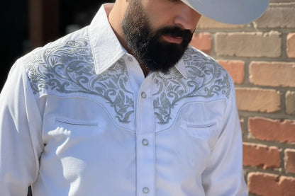 Men’s White Embroidered Western Shirt | Pearl Snap Cowboy Shirt Last Rodeo Western Wear & Hat Bar