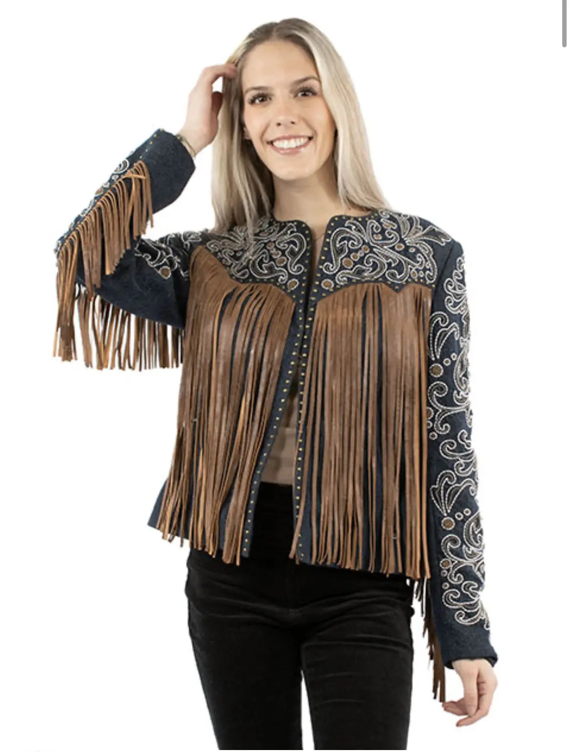 Scully Denim & Suede Fringe Jacket with Embroidery and Studs Last Rodeo Western Wear & Hat Bar