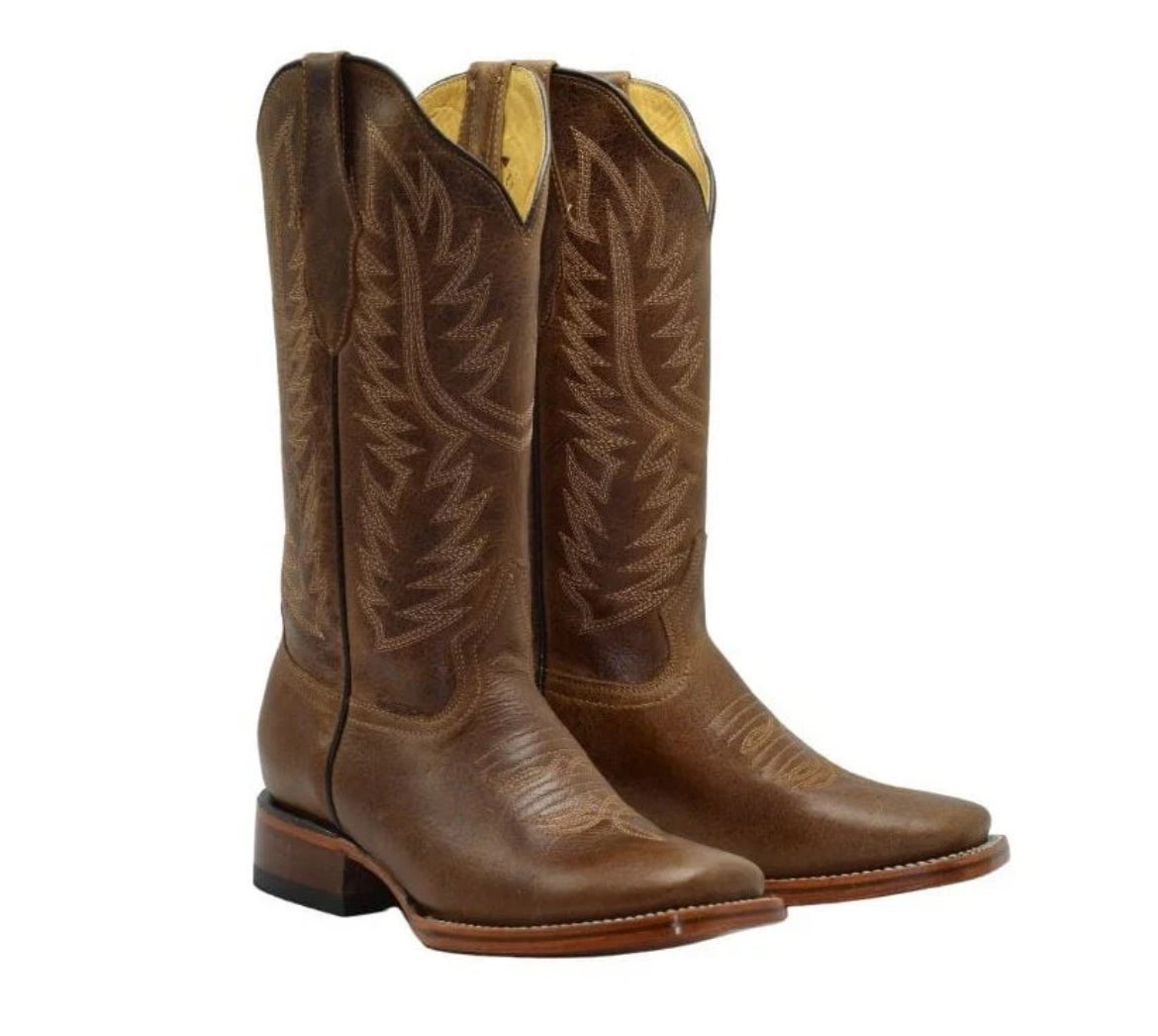 Classic Brown Leather Western Boots Square Toe