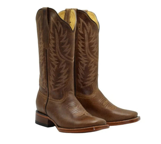 Classic Brown Leather Western Boots Square Toe
