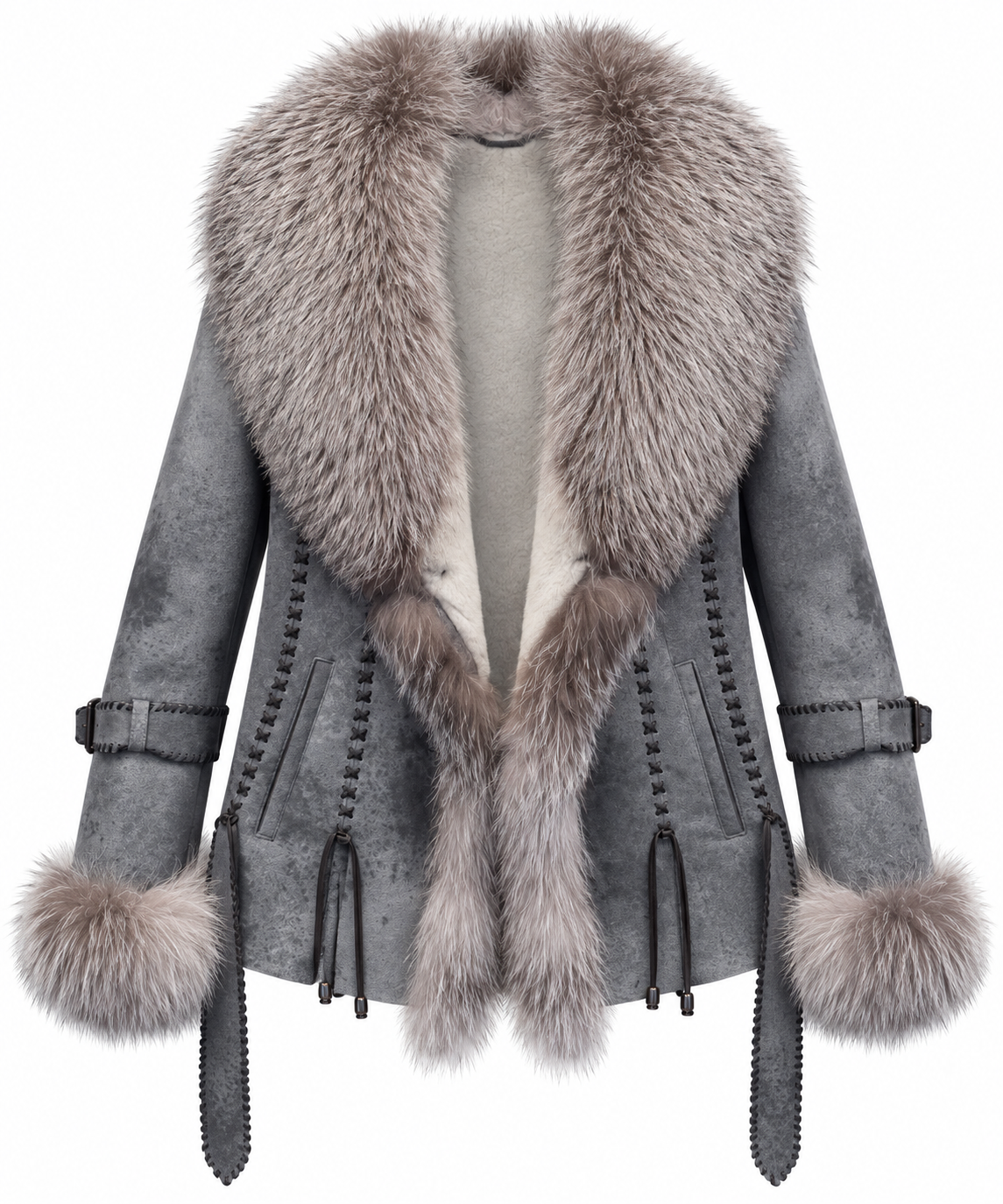 Women’s Luxury Gray Lambskin Shearling & Real Fox Fur Western Coat