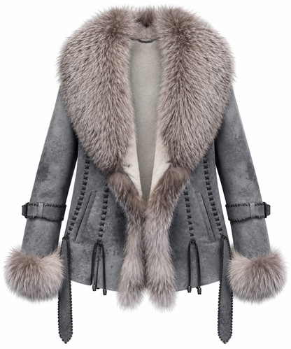 Women’s Luxury Gray Lambskin Shearling & Real Fox Fur Western Coat