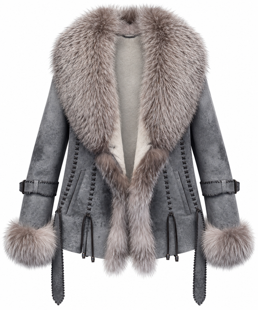 Women’s Luxury Gray Lambskin Shearling & Real Fox Fur Western Coat