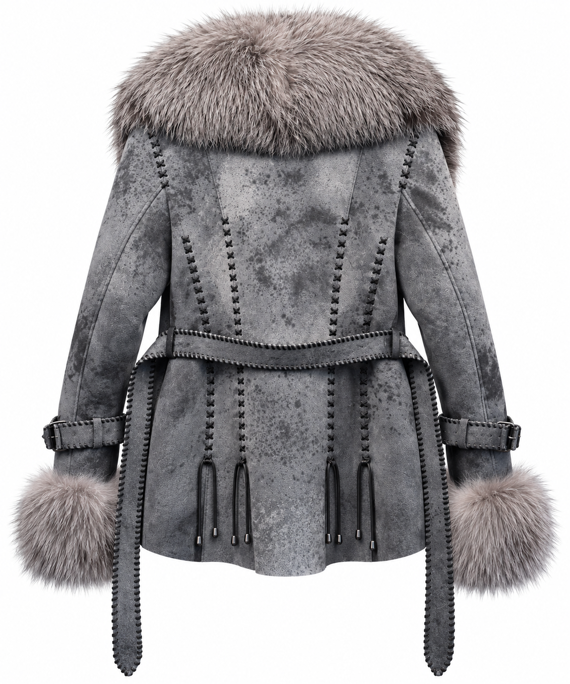 Women’s Luxury Gray Lambskin Shearling & Real Fox Fur Western Coat