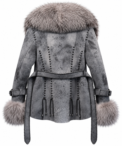 Women’s Luxury Gray Lambskin Shearling & Real Fox Fur Western Coat