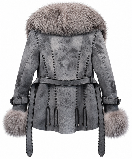 Women’s Luxury Gray Lambskin Shearling & Real Fox Fur Western Coat