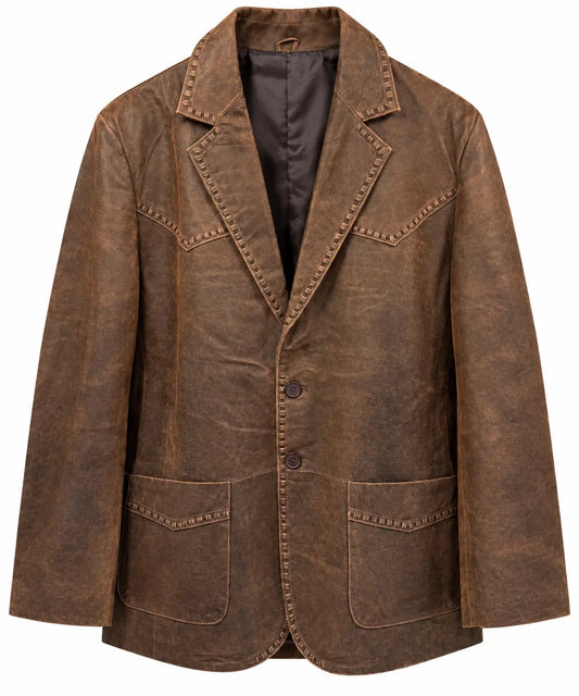 Men's lightweight premium leather Western blazer in distressed brown, front view