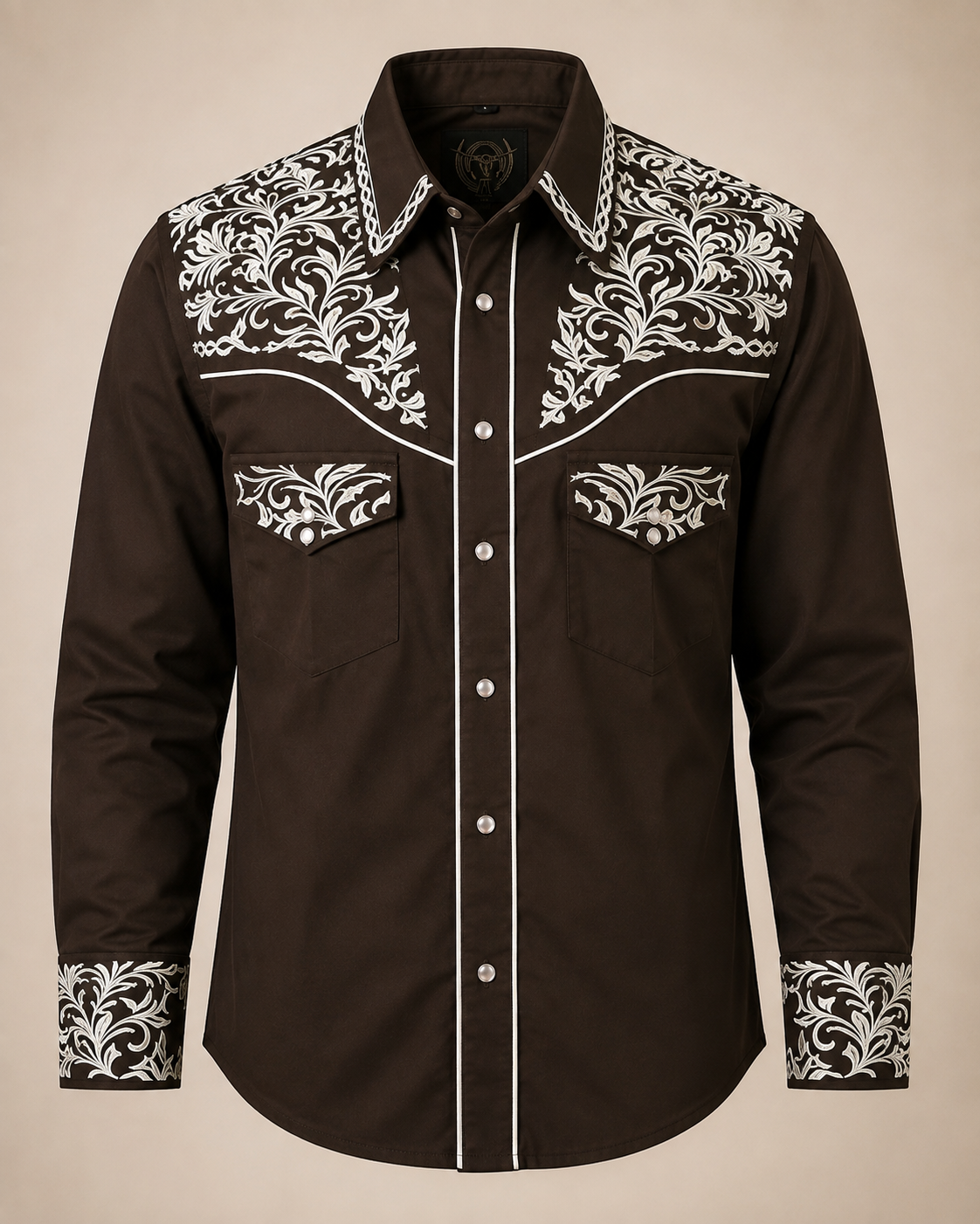 Men's Brown Western Pearl Snap Shirt with Ivory Floral Embroidery The American West
