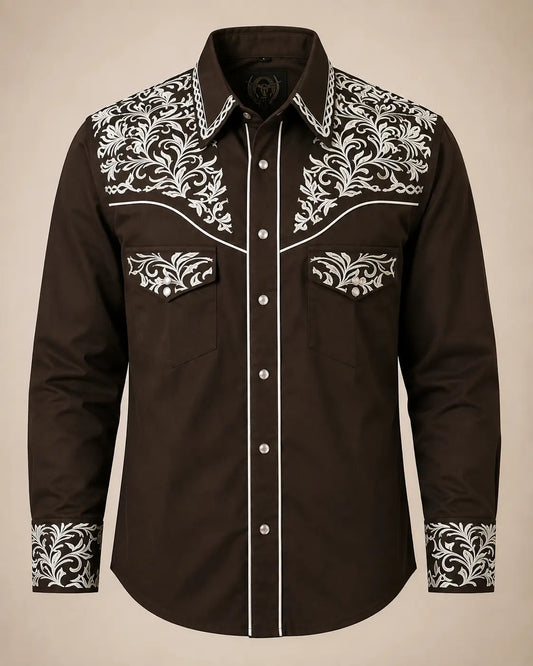 Men's Brown Western Pearl Snap Shirt with Ivory Floral Embroidery The American West