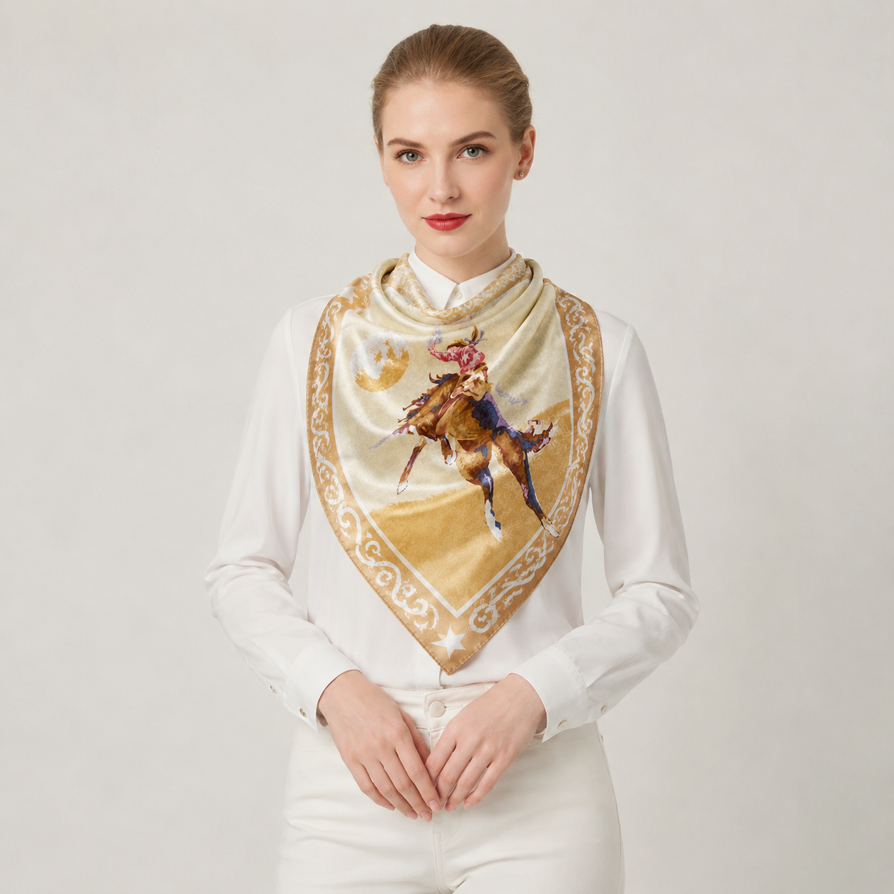 Gold Bucking Bronco Silk Western Scarf Last Rodeo