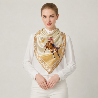 Gold Bucking Bronco Silk Western Scarf Last Rodeo