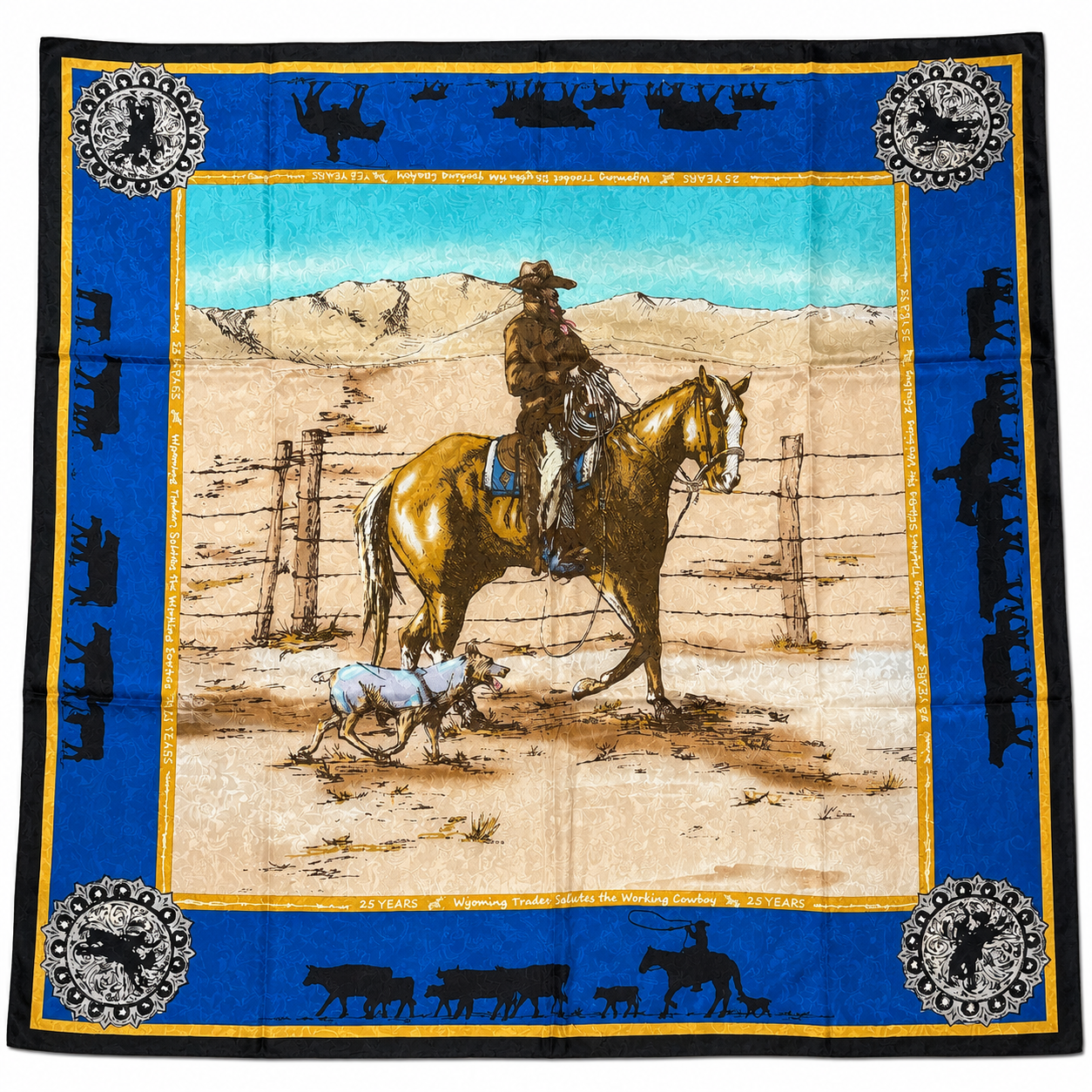 Blue Ranch Scene Silk Western Scarf Last Rodeo