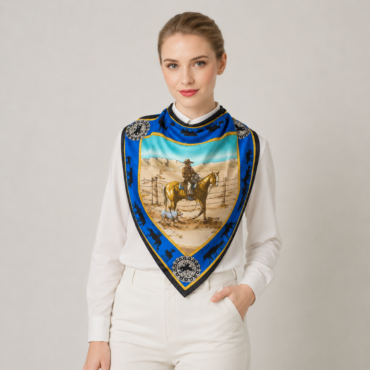 Blue Ranch Scene Silk Western Scarf Last Rodeo