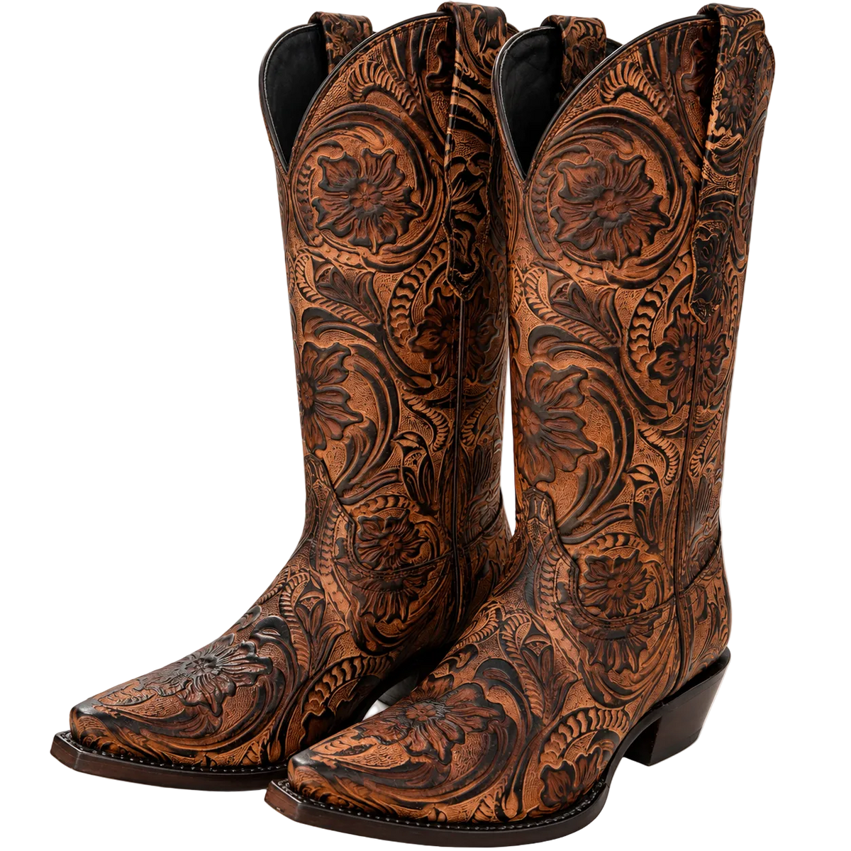 Women's Hand-Tooled Leather Snip Toe Cowboy Boots – Floral Western Boot in Antique Tan