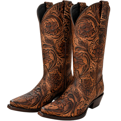 Women's Hand-Tooled Leather Snip Toe Cowboy Boots – Floral Western Boot in Antique Tan