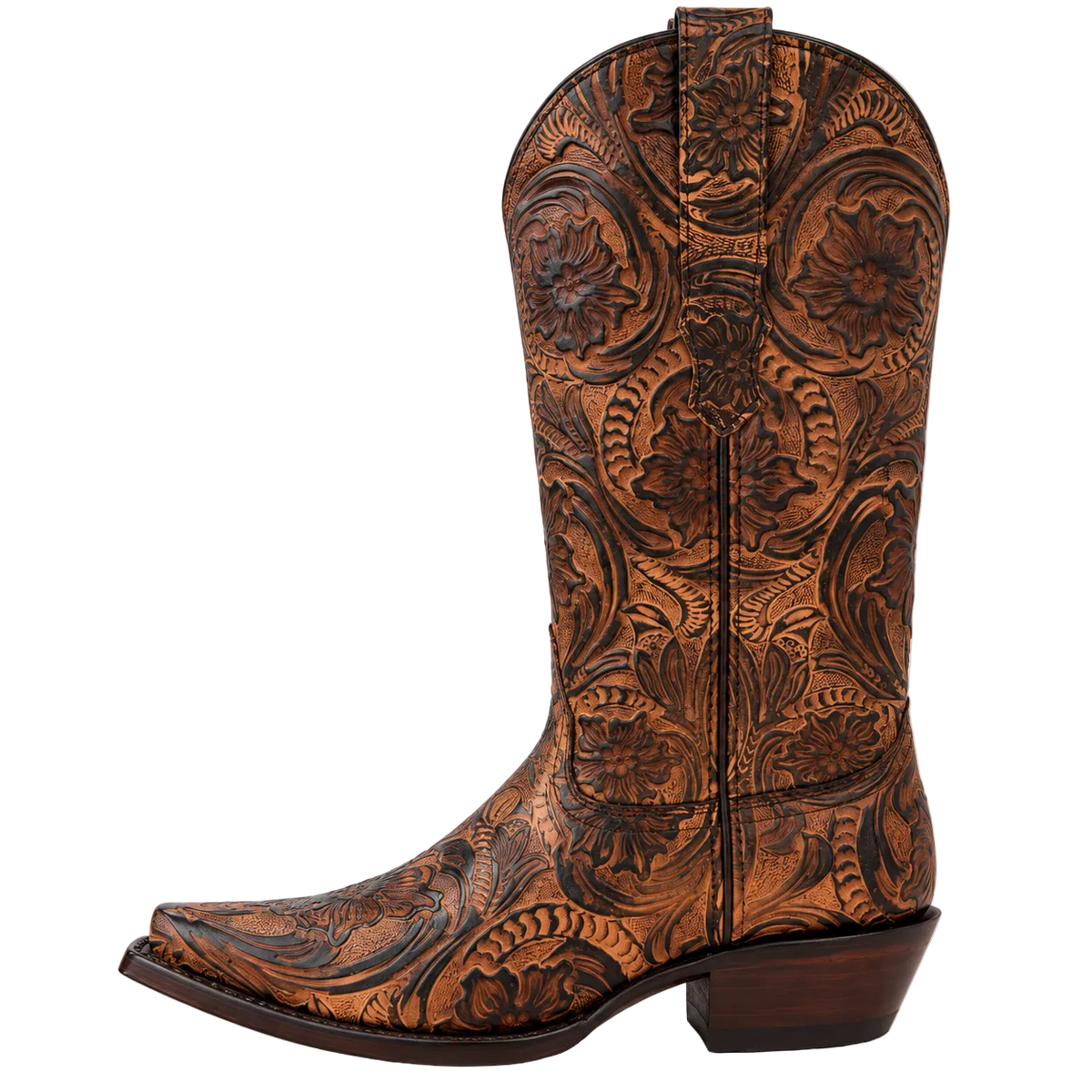 Women's Hand-Tooled Leather Snip Toe Cowboy Boots – Floral Western Boot in Antique Tan