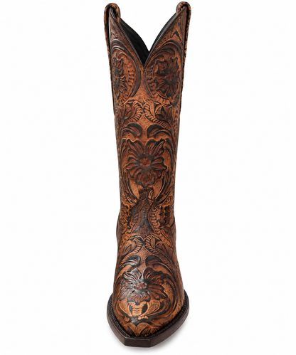 Women's Hand-Tooled Leather Snip Toe Cowboy Boots – Floral Western Boot in Antique Tan