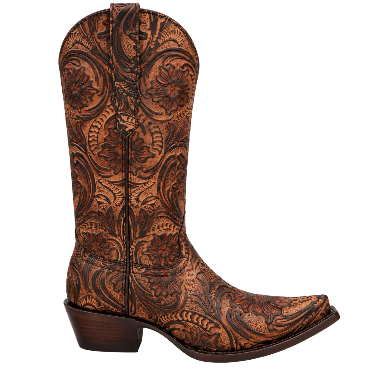 Women's Hand-Tooled Leather Snip Toe Cowboy Boots – Floral Western Boot in Antique Tan