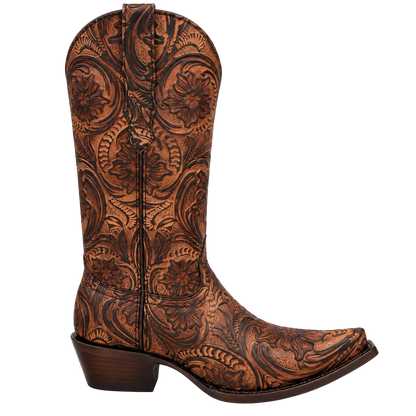 Women's Hand-Tooled Leather Snip Toe Cowboy Boots – Floral Western Boot in Antique Tan