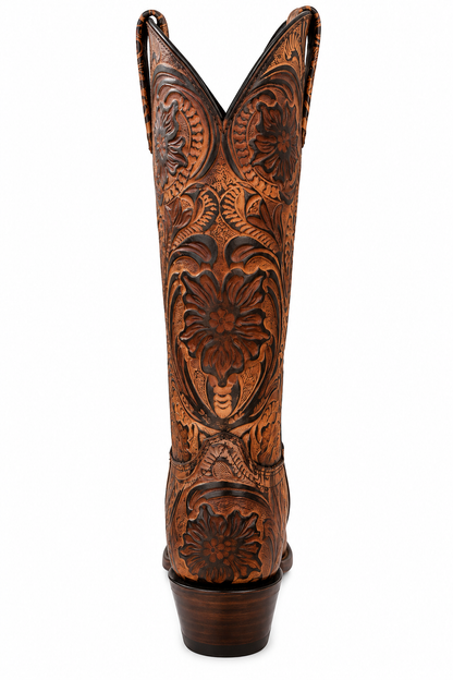 Women's Hand-Tooled Leather Snip Toe Cowboy Boots – Floral Western Boot in Antique Tan