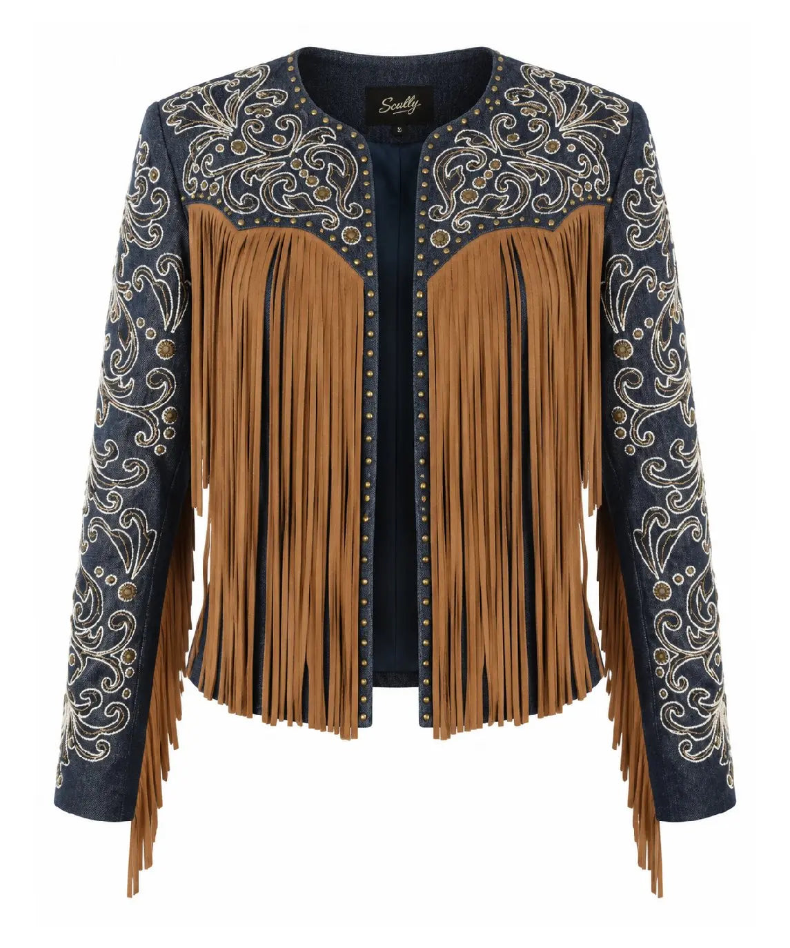 Scully Denim & Suede Fringe Jacket with Embroidery and Studs Last Rodeo Western Wear & Hat Bar