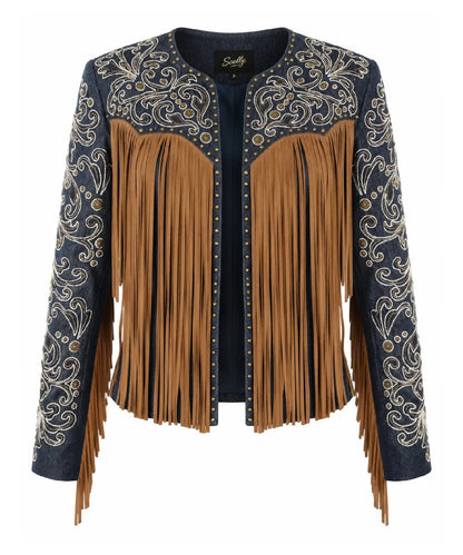 Scully Denim & Suede Fringe Jacket with Embroidery and Studs Last Rodeo Western Wear & Hat Bar