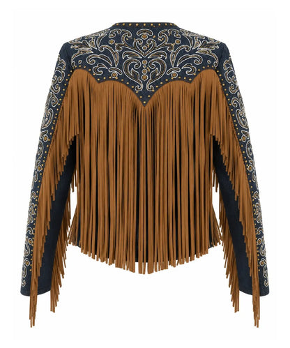 Scully Denim & Suede Fringe Jacket with Embroidery and Studs Last Rodeo Western Wear & Hat Bar