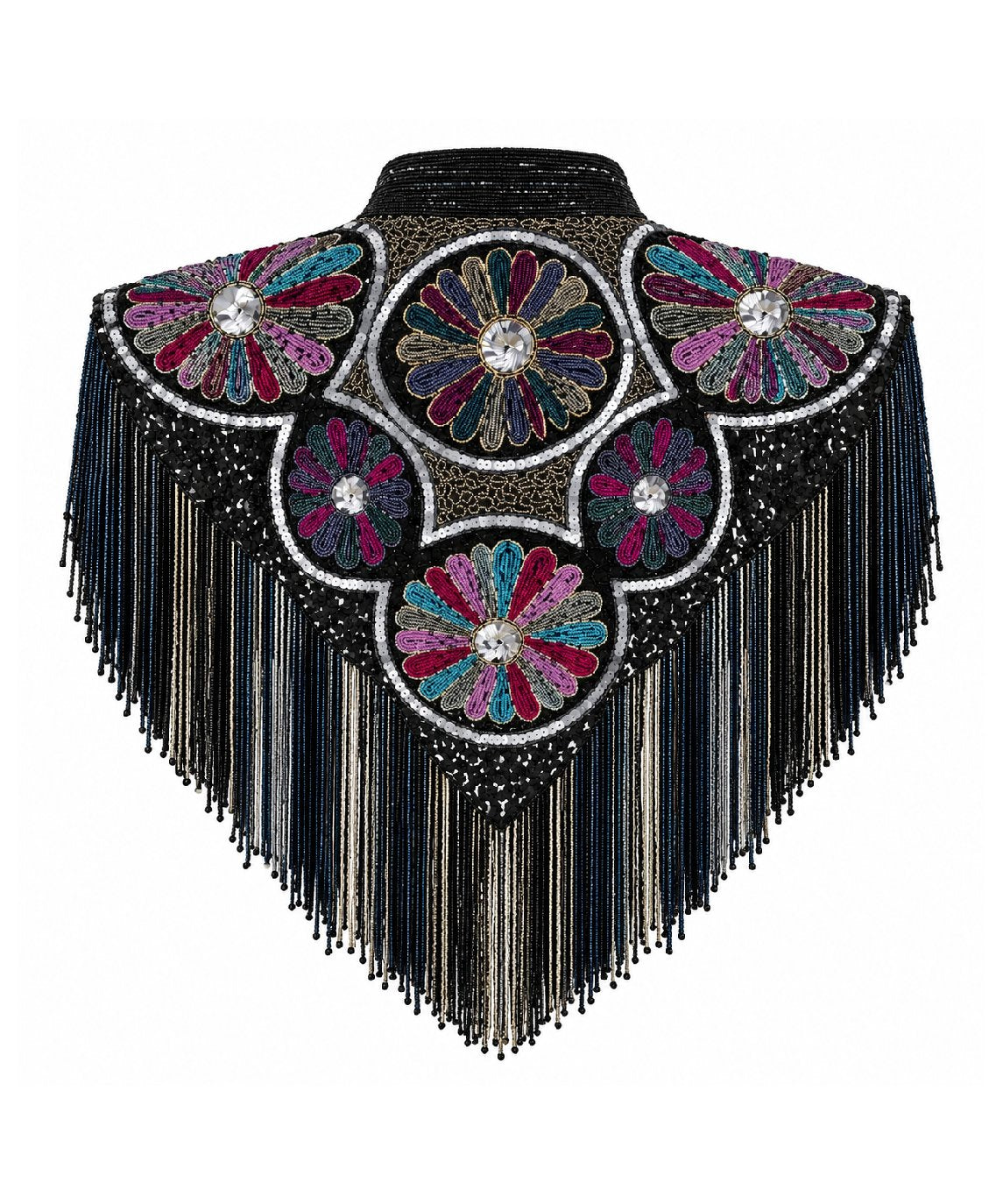 Women’s Black Beaded Floral Fringe Western Cape Western Fashion