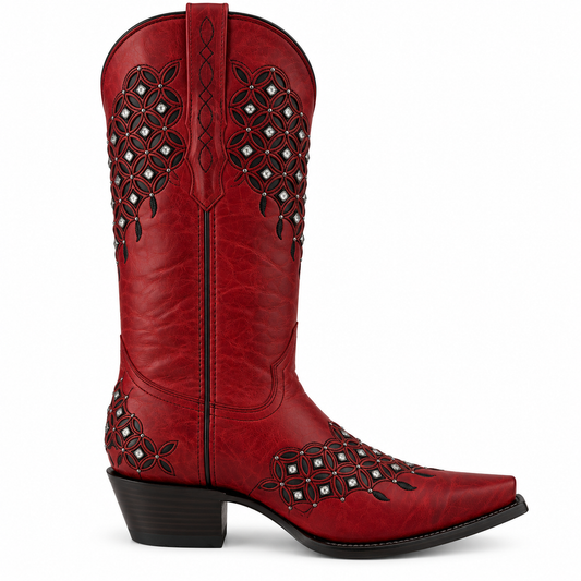 Women's Red Leather Snip Toe Cowboy Boots – Crystal & Studded Inlay Western Boot