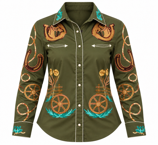 American Darling Women’s Embroidered Rodeo Western Shirt – Olive Green | 100% Cotton