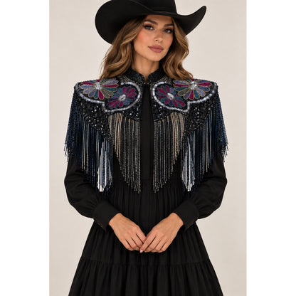 Women’s Black Beaded Floral Fringe Western Cape Western Fashion