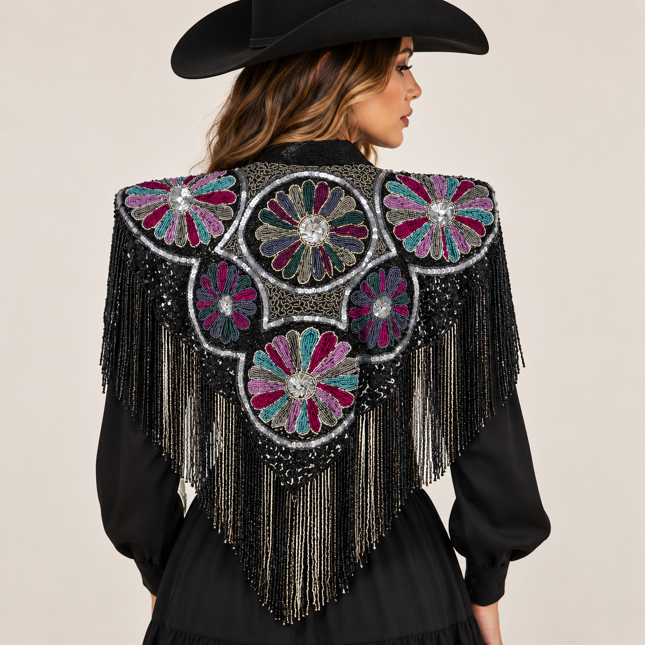 Women’s Black Beaded Floral Fringe Western Cape Western Fashion
