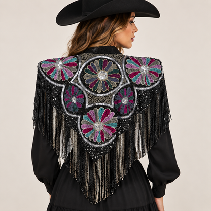 Women’s Black Beaded Floral Fringe Western Cape Western Fashion