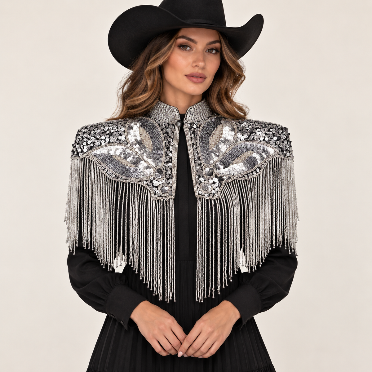 Women’s Silver Sequin Beaded Fringe Western Cape Western Fashion