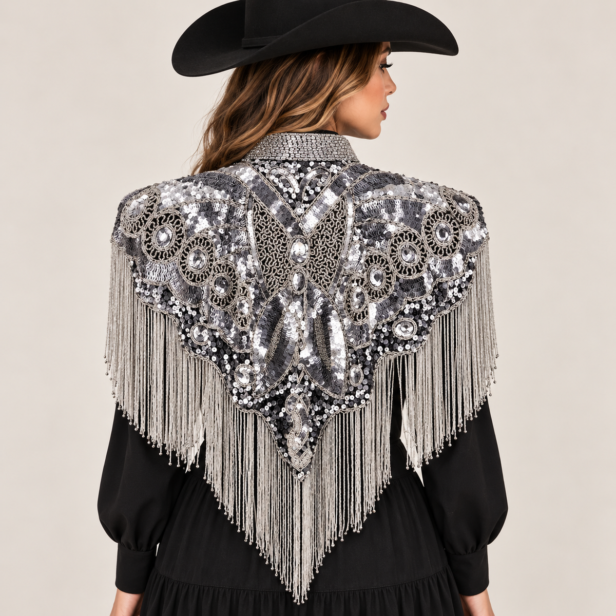 Women’s Silver Sequin Beaded Fringe Western Cape Western Fashion