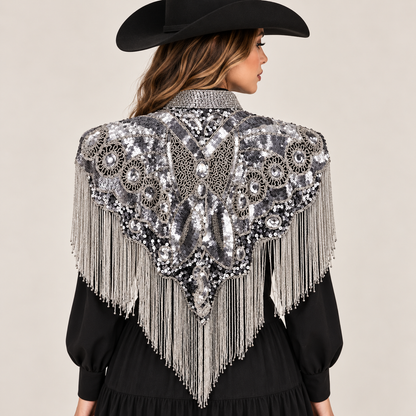 Women’s Silver Sequin Beaded Fringe Western Cape Western Fashion