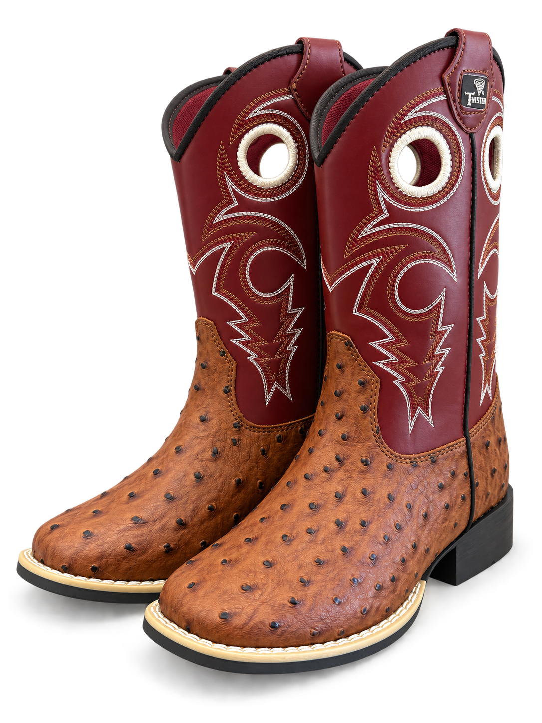 Kids Full Quill Ostrich Print Square Toe Western Boots — Burgundy Twister