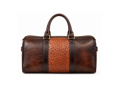Brown ostrich quill leather Western duffle bag with leather handles, front view - Last Rodeo