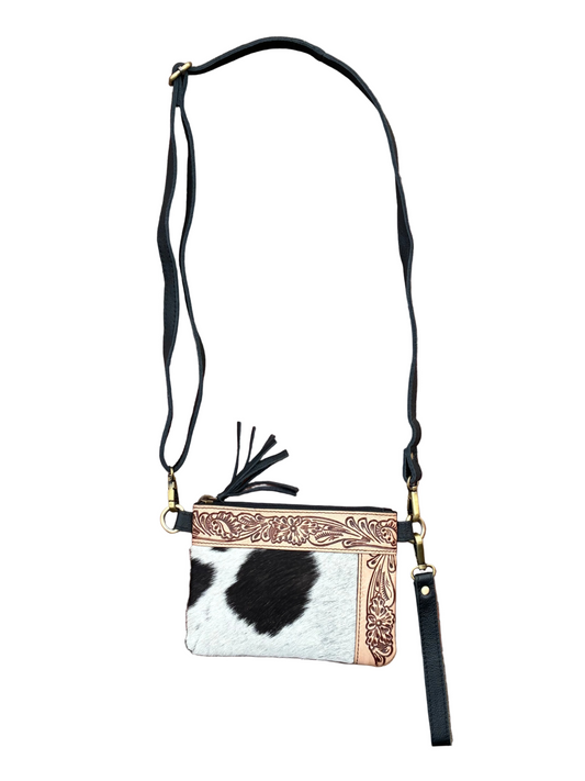 Cowhide & Tooled Leather Crossbody Wristlet Bag
