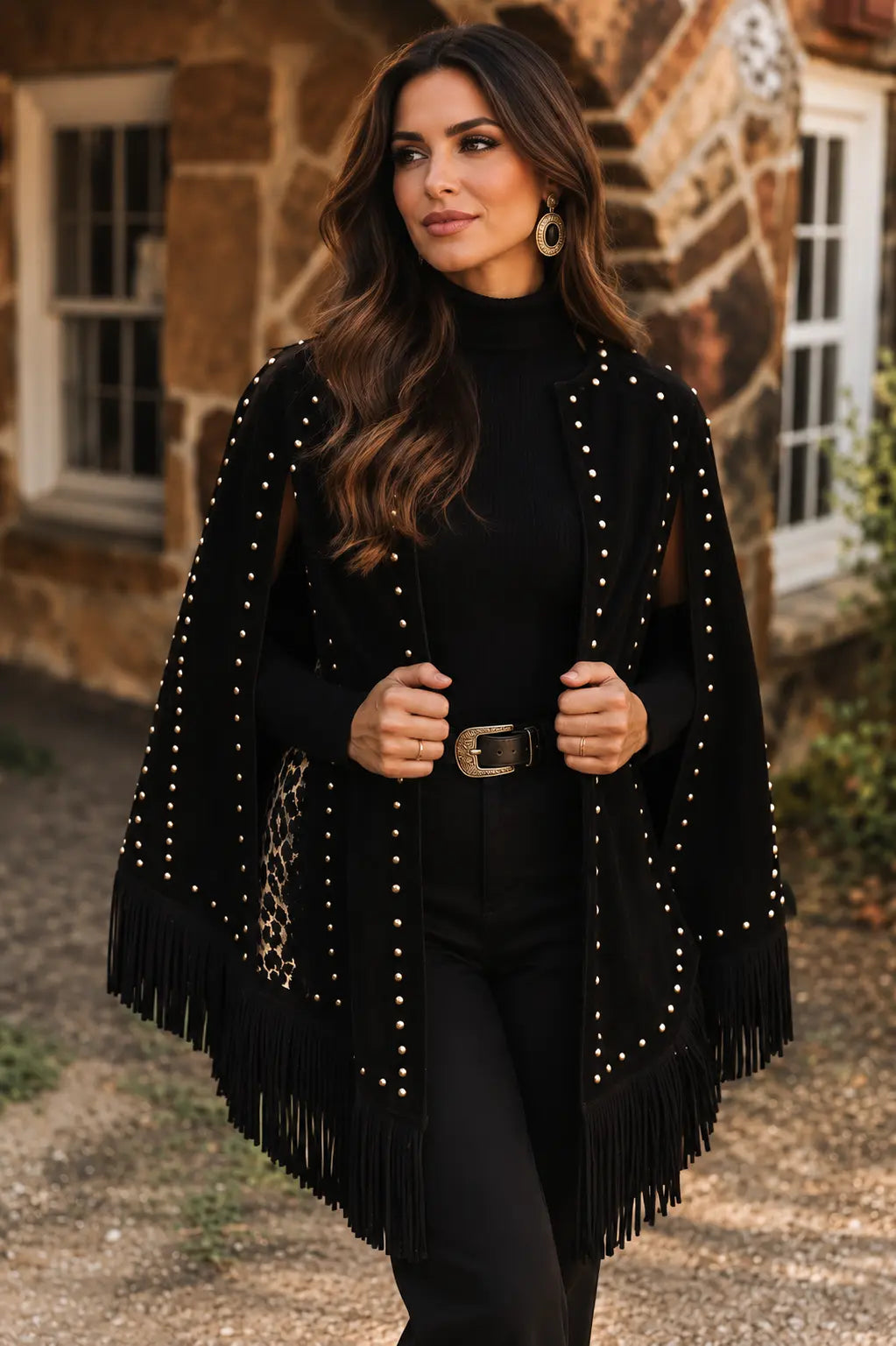 Lucky & Blessed Black Suede Vintage Studded Western Fringe Cape LUCKY & BLESSED