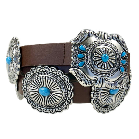 Western Genuine Leather Turquoise Concho Belt – Vintage Silver Southwestern Cowboy Belt