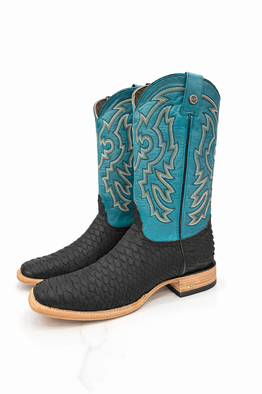 Midnight Outlaw Exotic Python Cowboy Boots – Black Scale with Turquoise Western Shaft